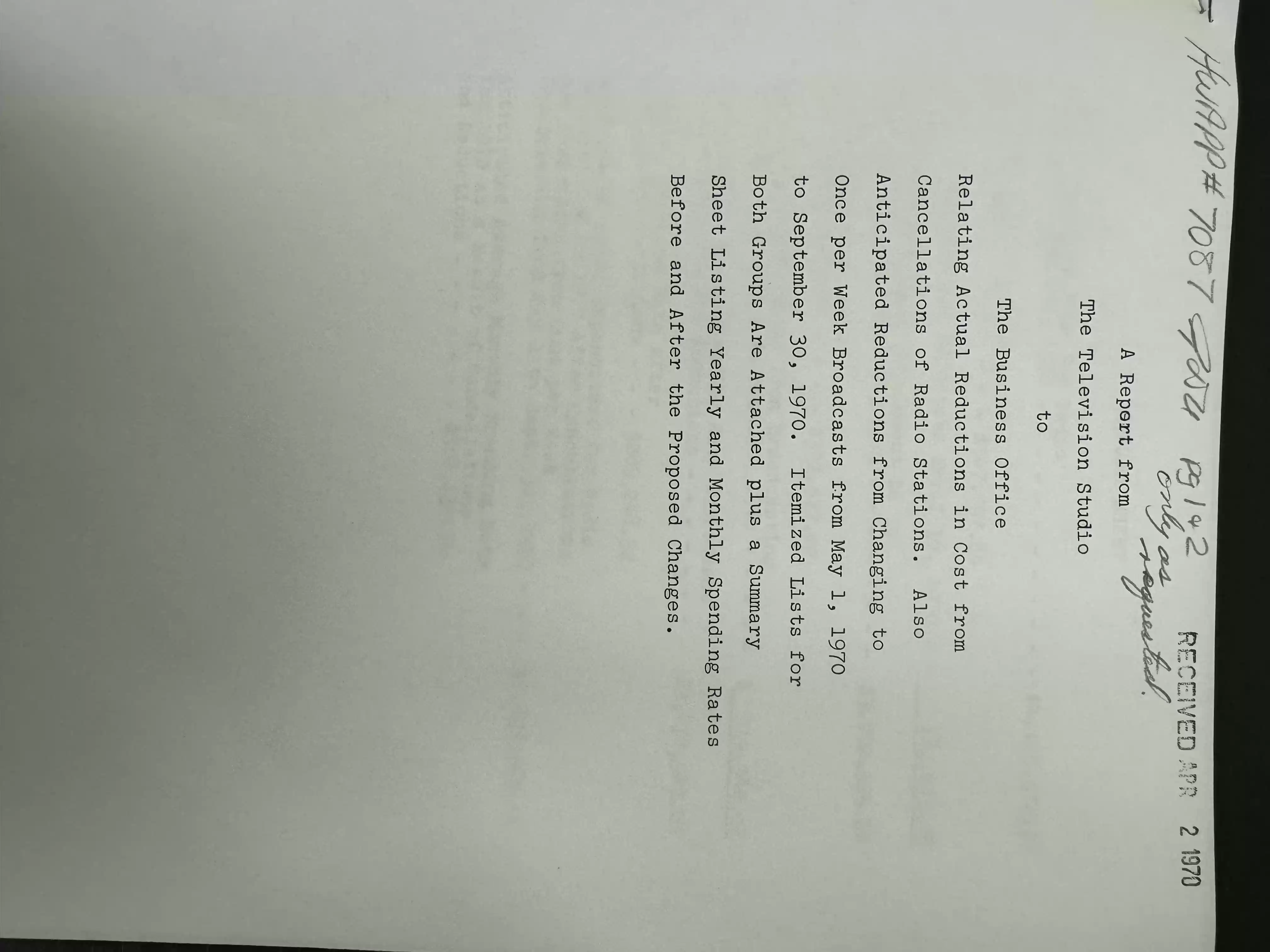Report from TV studio to Business Office 2April1970
